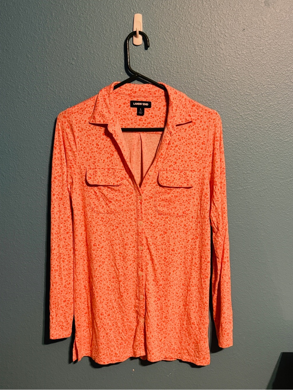 Lands' End Coral Floral-Print Long Sleeve Blouse